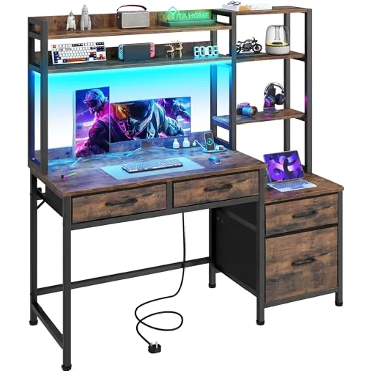 YITAHOME Computer Schreibtisch mit Schubladen, Home Office Ecke Computer Tisch Aufbewahrungen & Regale, Gaming Schreibtisch Arbeitsstationen mit LED Licht & Steckdosen, Eck Schreibtisch, Vintage-Braun