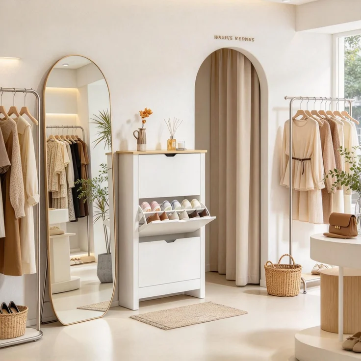 ZUBALIYA Schuhschrank (72 x 26 x 112 cm), 3 Klappfächer, Herausnehmbare Einlegeböden, Stauraum für Flur und Eingangsbereich, Naturfarben / Weiß – Bild 8
