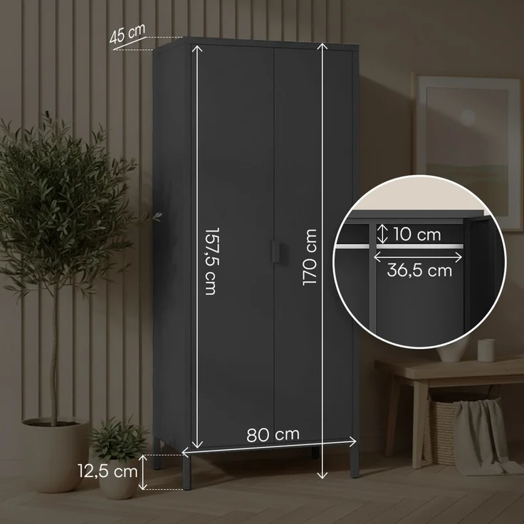 skølm 'Ituri' Kleiderschrank, Metall, 170x45x80 cm, schwarz, Garderobe mit 4 Fächern und 2 Kleiderstangen – Bild 6