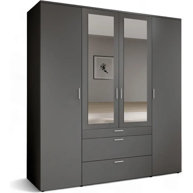 Stella Trading VESALA Kleiderschrank mit Spiegeltüren in Graphit - Vielseitiger Drehtürenschrank 4-türig für Ihr Schlafzimmer - 180 x 195 x 56 cm (B/H/T)