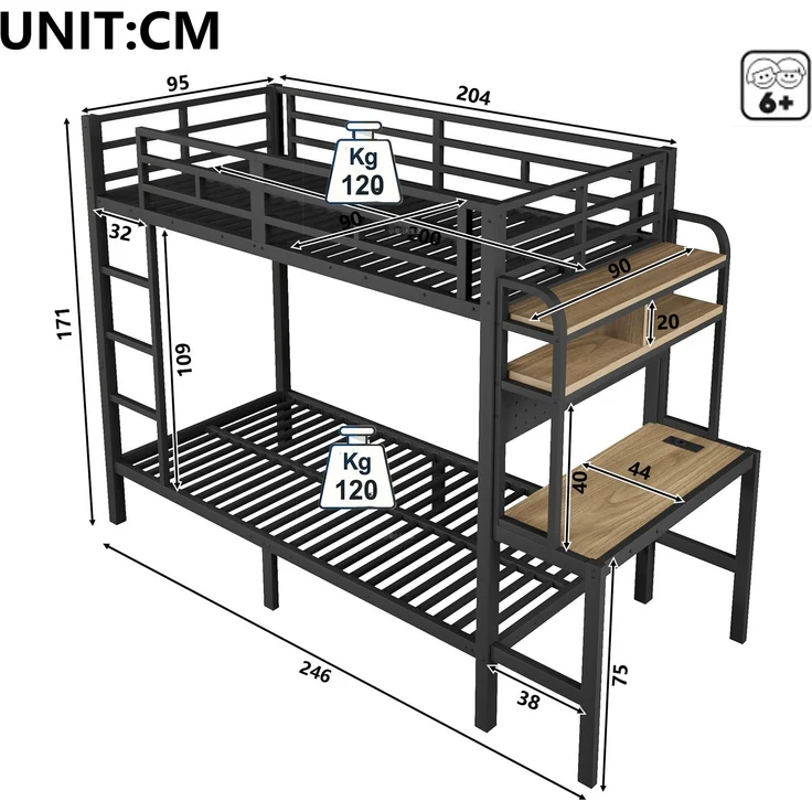 Etagenbett, 90x200 cm, Eisenrahmen, Ablagefach, Schreibtisch, mit LED-Lichtleiste, USB-Anschluss, Sicherheitsgeländer, Leiter, ohne Matratze, schwarz – Bild 8