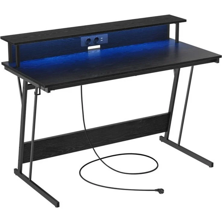 Vasagle Schreibtisch, Gaming Tisch mit eingebauter Steckdosenleiste, Computertisch, mit Monitorständer für 2 Monitore, Schlafzimmer, 55 x 135 x 76 cm, ebenholzschwarz LWD117B01 – Bild 4