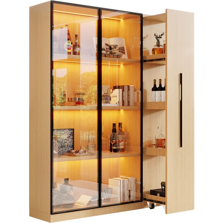 ZUBALIYA Multifunktionsschrank 110,5×35×160cm-Vitrine mit Glastür und LED, Seitenauszug, Rollschrank - Hochschrank im modernen Stil, Vitrine,Esszimmerschrank,Bücherregal, Badezimmerschrä – Bild 8
