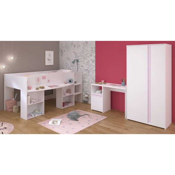 Jugendzimmer-Set >Pirouette 13< (3-teilig) Weiss / Rose oder grau, Hochbett, Schrank, Schreibtisch