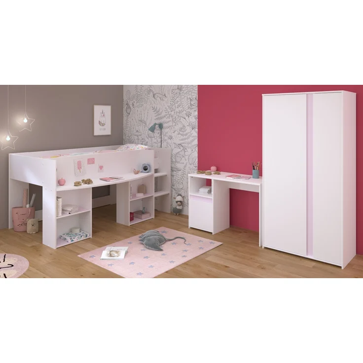 Jugendzimmer-Set >Pirouette 13< (3-teilig) Weiss / Rose oder grau, Hochbett, Schrank, Schreibtisch – Bild 1