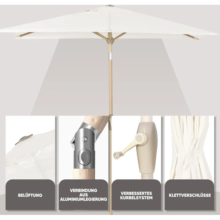 Sekey Sonnenschirm mit Kurbel und UV50+, knickbar, Aluminium creme / natur, 210 × 140 cm – Bild 6
