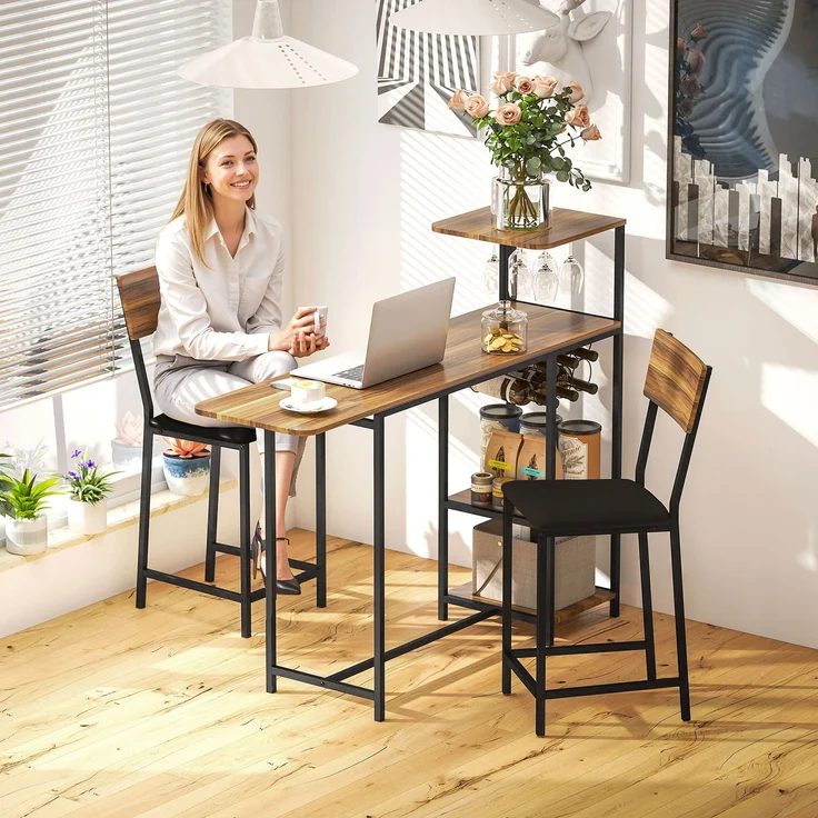 MELAYR, 3-teiliges Bartisch-Set, 1 Bartisch, 2 Stühle, mit Weinregal, Glashalter, 140 x 40 x 116 cm, Braun – Bild 3
