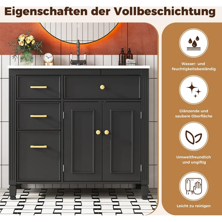 Freistehender Waschtisch 91x46,5x87 cm mit Keramikbecken und Schubladen – Schwarz – Bild 8
