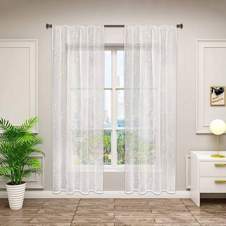 Woltu Gardine (2 St), halbtransparent, transparent Stickerei mit Kräuselband Leinen Optik – Bild 4