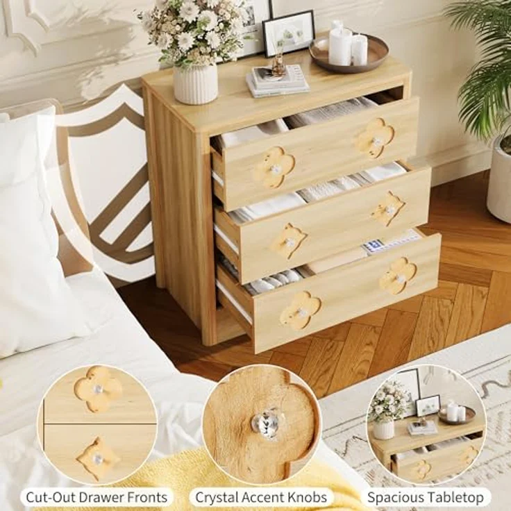 GarveeHome Kommode Mit 3 Schubladen, Nachttisch Mit Durchbrochenem Muster Und Kristallknauf, Dekorativer Beistelltisch Mit 220 kg Tragkraft, Für Wohnzimmer Und Schlafzimmer, 80 x 40 x 77 cm – Bild 5