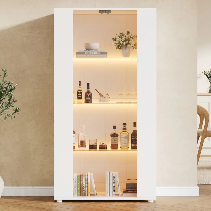 Merax Vitrinenschrank mit 2 Glastüren, 4 Ablageflächen und verstellbarer LED-Beleuchtung – modernes Design für Wohnzimmer, Weiß, 80×36×150.5cm – Bild 5