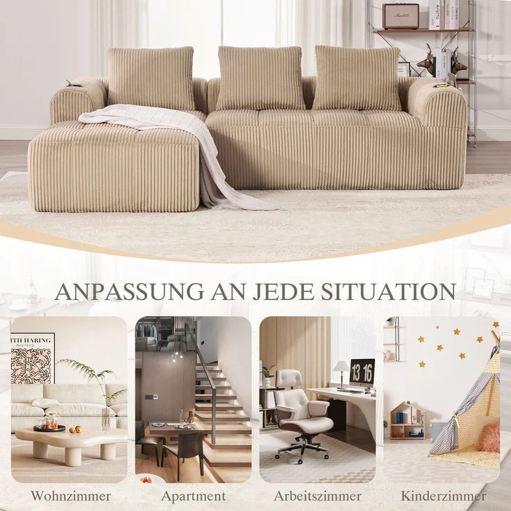 LVHOM Ecksofa 3 sitzer, Bodensofa mit Seitentaschen und Getränkehalter, Polstersofa aus Cordstoff, frei Kombination, Modulares Chaiselongue-Sofa-Set, 253x158x61 cm – Bild 7