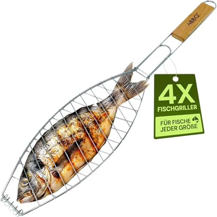 ToCi Grillguthalter 4 Stk. Fisch-Griller Holzgriff Fischbräter Fisch-Grillzange Fischzange, mit Holzgriff, klappbar