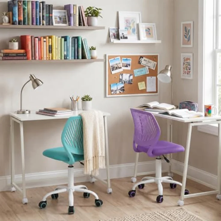 MEUBLE Cosy Bürostuhl 2er Set, Drehstuhl Höhenverstellbar, Schreibtischstuhl ohne Armlehnen, Computerstuhl mit Rollen, Arbeitsstuhl für Homeoffice, Lernen und Jugendzimmer, Violett + Türkis – Bild 7