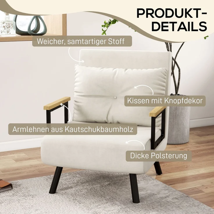 Relaxsessel im Skandidesign, Liegesessel, Lesesessel. Tinte. Kissen mit Knopfhefung, Cremeweiß--Cremeweiß--73x63x81cm--YOUDENOVA – Bild 8