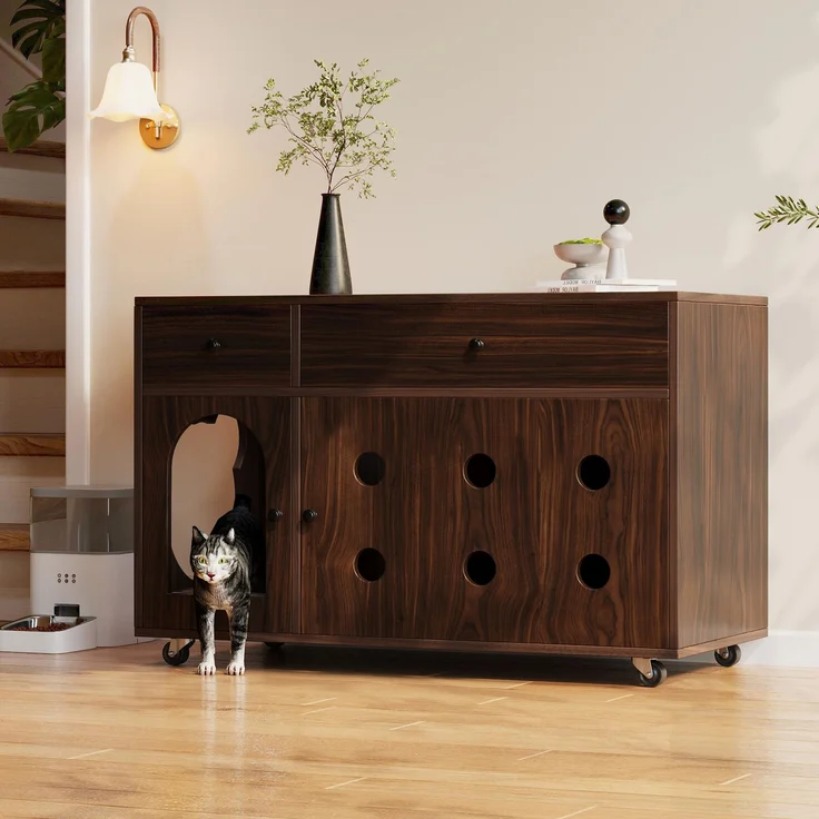 Katzenstreukasten-Schrank mit Sandfangplatte, Doppel-Schubladen, Lüftungslöchern, leise Rollen,verstecktes Katzenklo,Walnuss – Bild 1