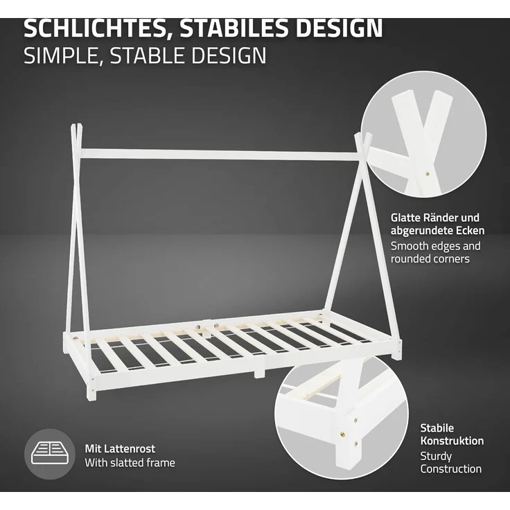 ML-DESIGN Kinderbett Hausbett Tipi Zeltbett inkl. Lattenrost Bodenbett Kinder Himmelbett, Abenteuerbett zum Spielen Zelt Spielbett Kiefer Bettenhaus Bett Weiß – Bild 4