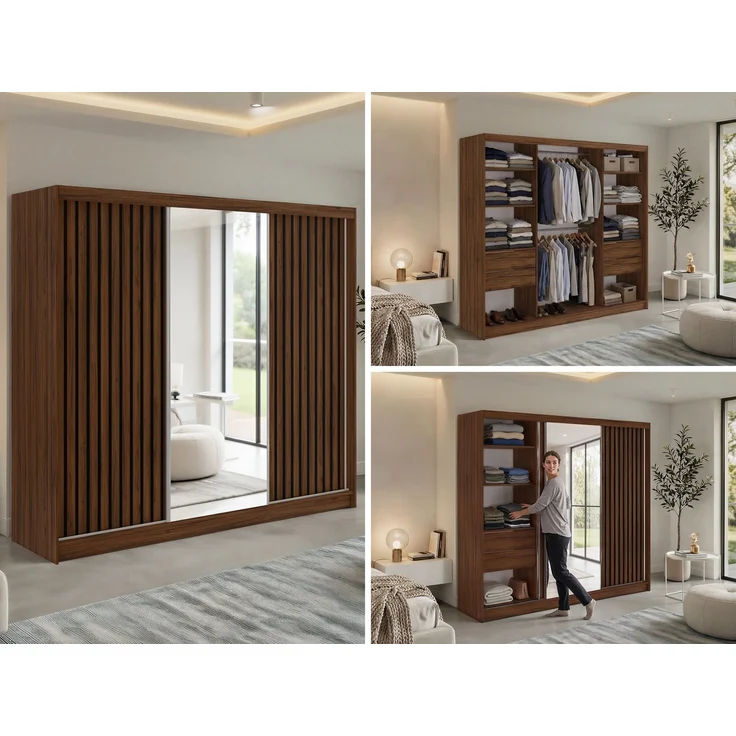 Kleiderschrank LAOS 240 cm Schiebetürenschrank Warmia-Nuss mit Akustikpaneel-Design (Lamellen) Schwarz & Spiegel, Inkl. Innenausstattung - mit Schubladen – Bild 2
