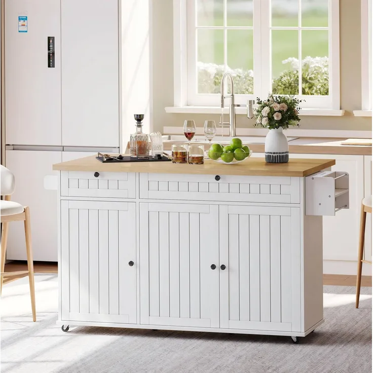 Küchenwagen 137×70×89,5 cm MDF klappbar Arbeitsfläche Schubladen Rollen Stauraum Küche Esszimmer,Weiß & Natur