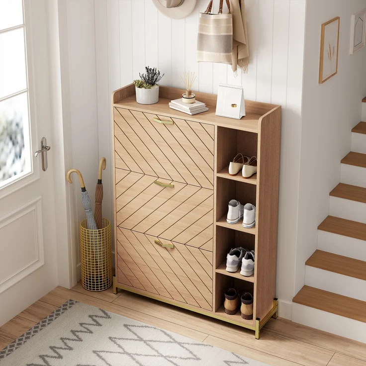 Schuhschrank 90 x 24 x 119 cm aus MDF in Eichenoptik mit 3 Klapptüren und Seitenfächern – Bild 4