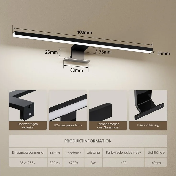 EMKE Spiegelleuchte LED L: 40cm 8W IP44 Wandlleuchte Badezimmer Wohnzimmer, LED fest integriert, Kaltweiß, Neutralweiß, Chrom oder Schwarz – Bild 3