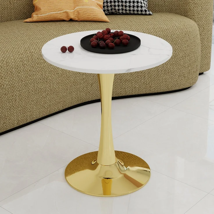 Novelux Couchtisch Gold Marmor Optik Rund 70 cm – Mid-Century Modern Esstisch für 2-4 Personen, Weißes Marmordekor – Bild 9