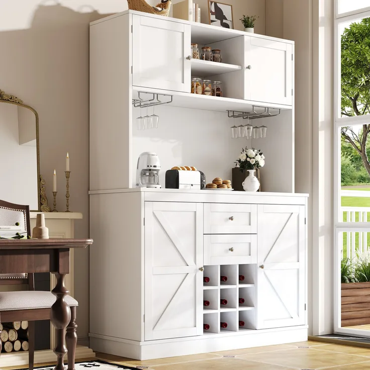 Sideboard 120x40x188 cm in Weiß, mit 4 Türen, 2 Schubladen, offenen Fächern und Weinregal