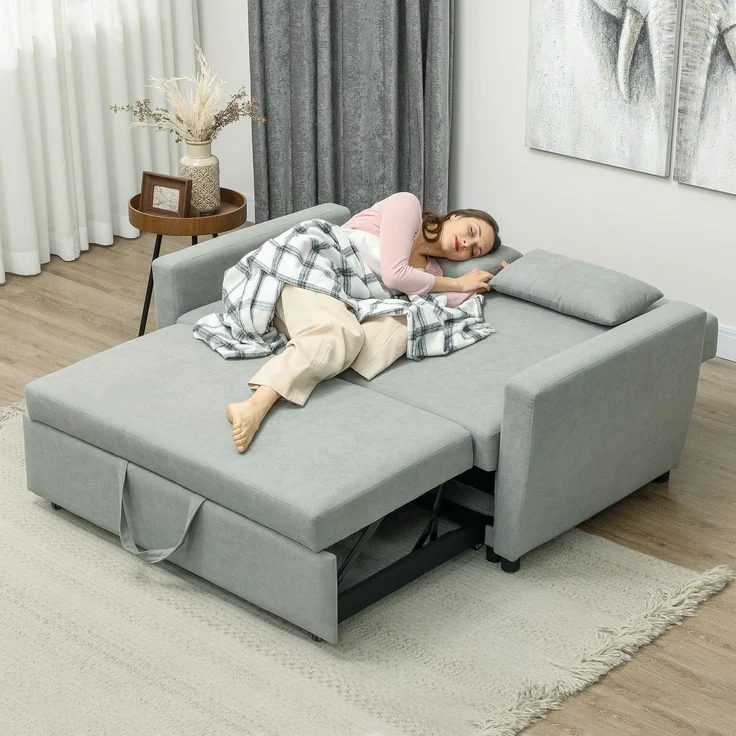 Schlafsofa 2 in 1 Gästebett 155x90 cm Rollen verstellbare Rückenlehne Stoff Sofa Bett Tagesbett Lounge Hellgrau – Bild 2