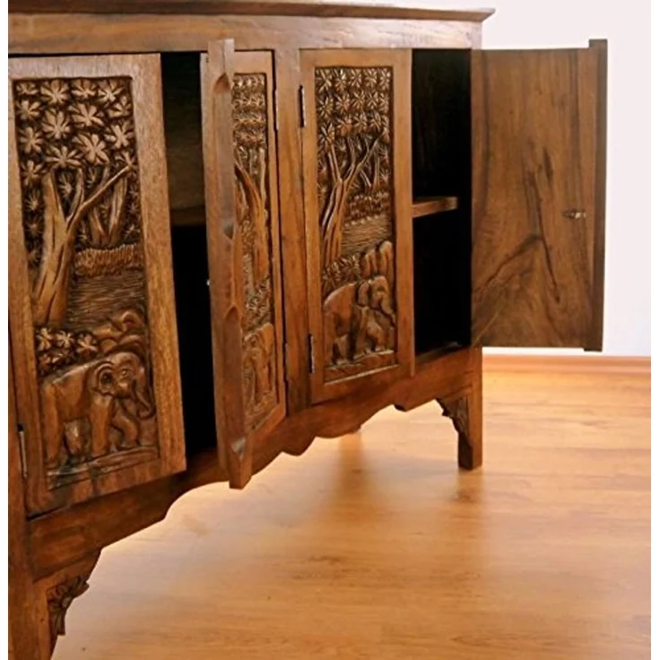 livasia Sideboard Sideboard Massivholz 100x40x80cm Akazie handgeschnitzt – Bild 4