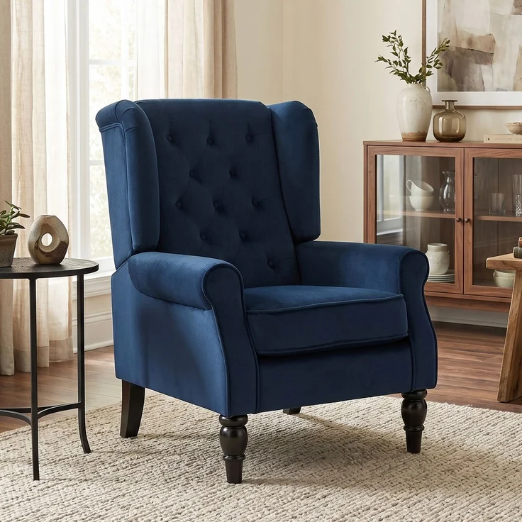 Wohnora-Gepolsterter Loungesessel mit breiter Sitzfläche, Holzbeinen, klassischem Stil, sehr bequem, 74 x 86 x 102 cm, dunkelblau,H 102cm x T 74cm x B 86cm,Blau – Bild 5