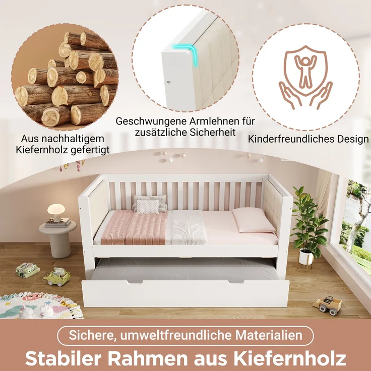 EINHOM Tagesbett 90x190 cm mit Ausziehbett 90x190 cm, Platzsparendes Design, Holz, Ideal für Kleine Apartments oder Gästezimmer, Lattenrost, Einfache Montage, Weiß, (Ohne Matratze) – Bild 7