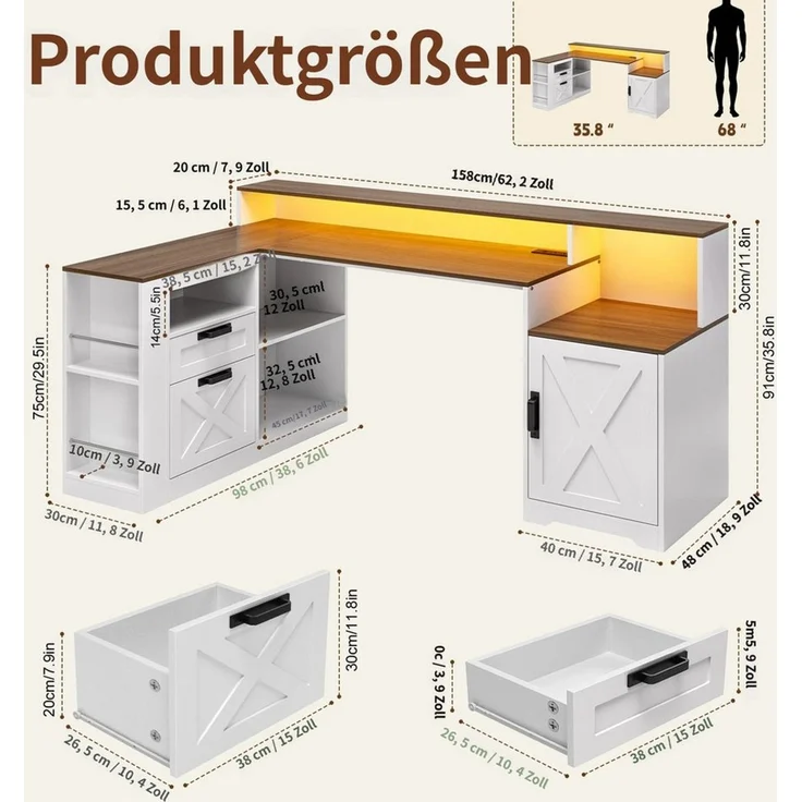 Rutaqian Schreibtischstuhl Eckcomputertisch mit Steckdosen, 2 Schubladen und Ablagefach, Büroschreibtisch im Landhausstil mit Monitorständer, Druckerregal – Bild 2