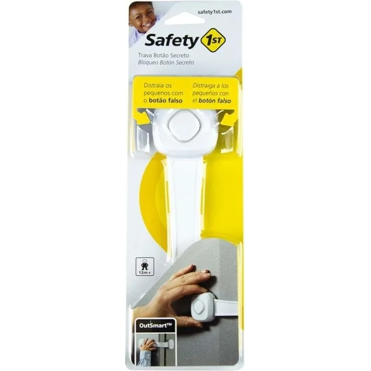Safety 1st Secret Button Allzwecksicherung, Anbringung mit starkem Klebeband, große Knopfattrappe lenkt das Kind vom eigentlichen Öffnungsknopf ab, weiß