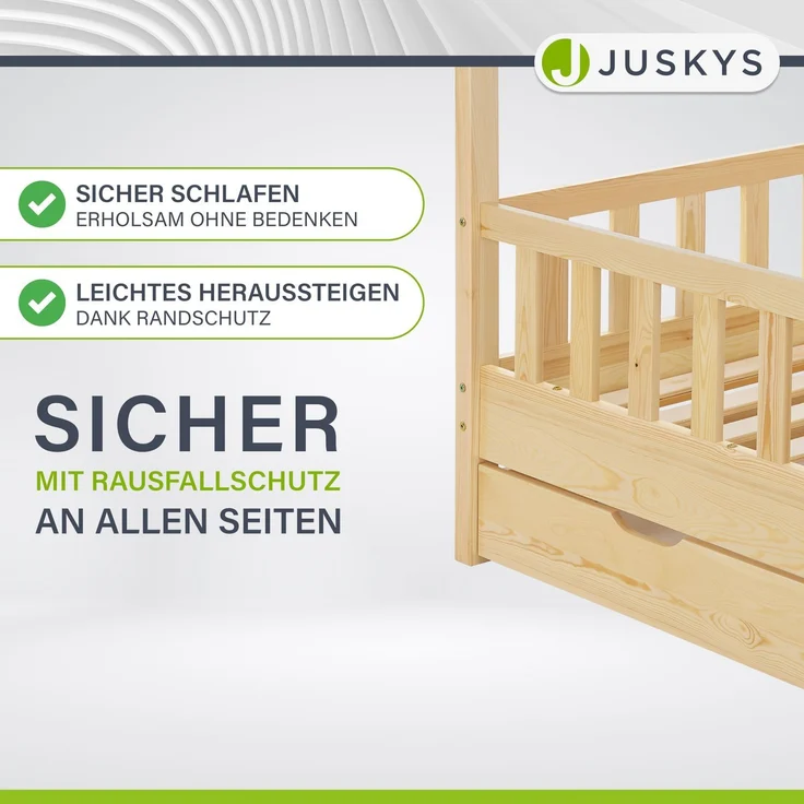 Juskys 'Marli' Kinderbett, mit Matratze, Bettkasten, Rausfallschutz, Lattenrost & Dach - Massivholz Hausbett für Kinder - Bett in Natur, 80x160 cm – Bild 2