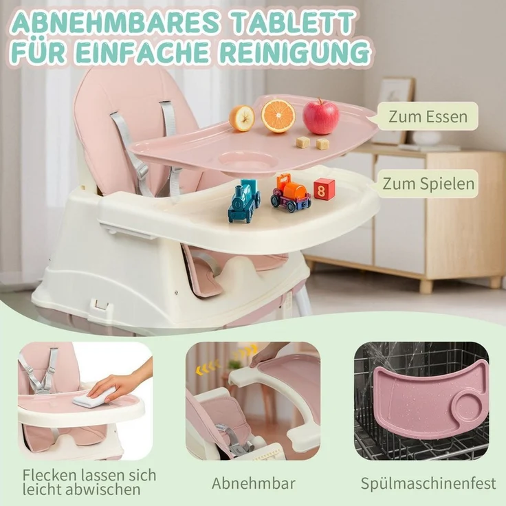 LALAHO Kinderstuhl Baby 4-in-1 Kinderhochstuhl - Abnehmbar Esszimmerstuhl, Kinderwagen - Mitwachsstuhl und Babystuhl Höhenverstellbar – Bild 3