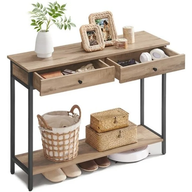 Vasagle Konsolentisch, Flurtisch, Beistelltisch, Sofatisch mit 2 Schubladen, Stahlgestell, Flur, Wohnzimmer, Industrie-Design, kamelbraun-tintenschwarz LNTDE015W01 Konsole – Bild 1