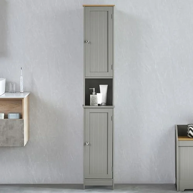 Bath Vida Priano Badezimmer Schrank Aufbewahrung Wandschrank Badschrank Freistehend Holzen Hochschrank, Grau, Regale – Bild 4