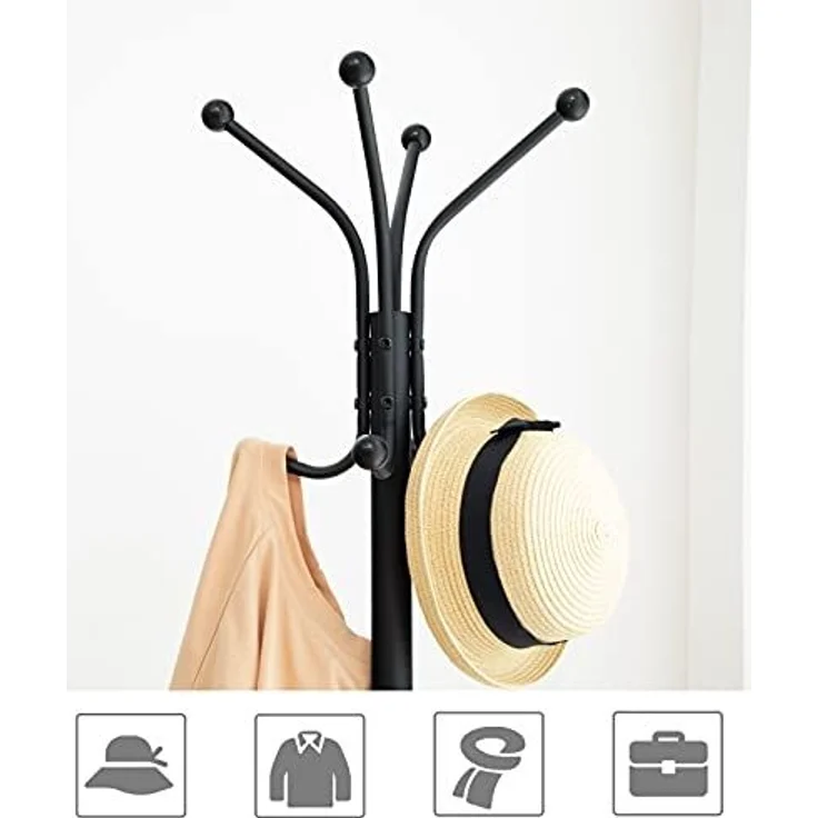 HOOBRO Garderobenständer, Garderobe mit 2 runden Ablagen, Kleiderständer mit 8 Haken, 183 cm Hoch, Industrie-Stil, Stahlgestell, multifunktional, für Kleidung, Schals, Hüte, Taschen EBF81YM01 – Bild 4