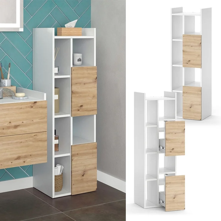 Badschrank Alf Weiß 36 x 117 cm mit 2 Schubladen Vicco – Bild 2