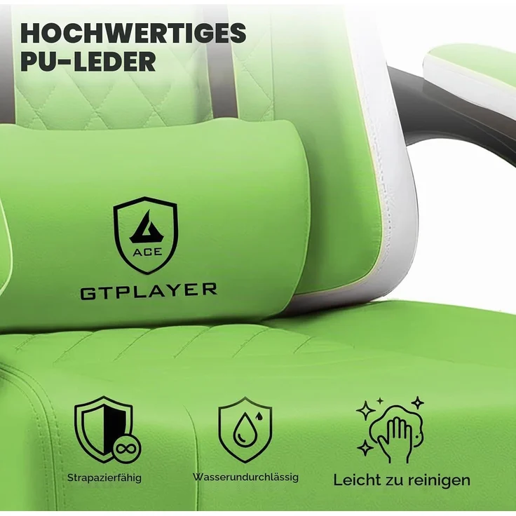 GTPLAYER Gaming Stuhl Ergonomischer Gaming Sessel Schreibtischstuhl Kunstleder, Federsitzkissen, Verbindungsarmlehnen und Fußstütze 150KG, grün – Bild 6