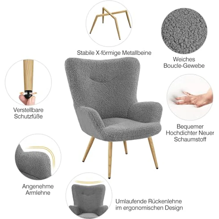 Yaheetech Ohrensessel eleganter Armsessel Polsterstuhl mit klappbare Rückenlehne Lehnsessel bis 136 kg belastbar Sessel fürs Wohnzimmer/Schlafzimmer Grau – Bild 5