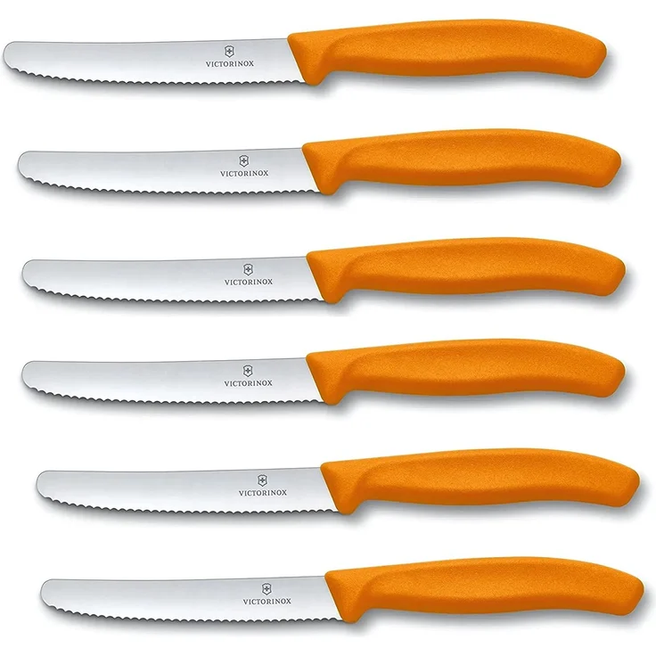 Victorinox 6 Stück Tafelmesser - Tomatenmesser Swiss Classic mit Wellenschliff rostfrei - Swiss Made - Orange