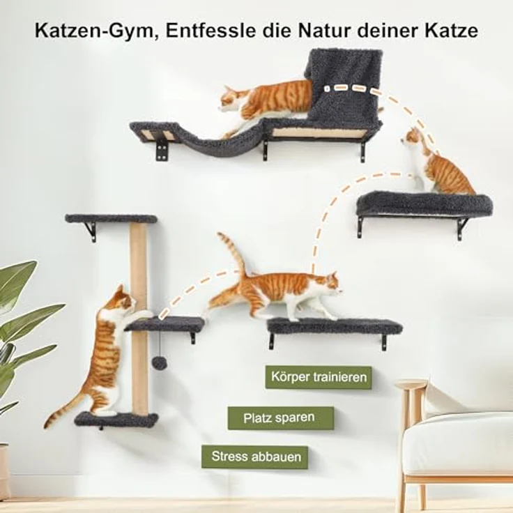 FUKUMARU Kletterwand Katzen Set, 10-teilig Katzen Kletterwand Set, aus robuster Multiplexplatte，Hängematte Katze mit Katzenhaus, Katzenbrücke, Katzenbaum, Katzentreppe bis zu 18 kg, Grau – Bild 4