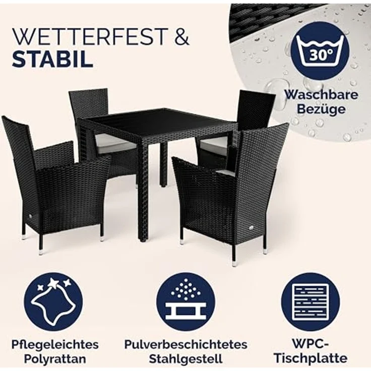 Casaria Garten-Essgruppe, Polyrattan 4 Stühle Stapelbar 90x90cm Esstisch WPC Holz Wetterfest – Bild 3