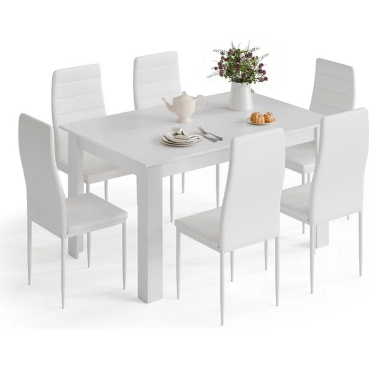 Mondeer Essgruppe Esszimmergruppe (Set, 7-tlg), Spanplatte & Lederimitat, Zweifarbig, Ergonomisch, Weiß – Bild 4