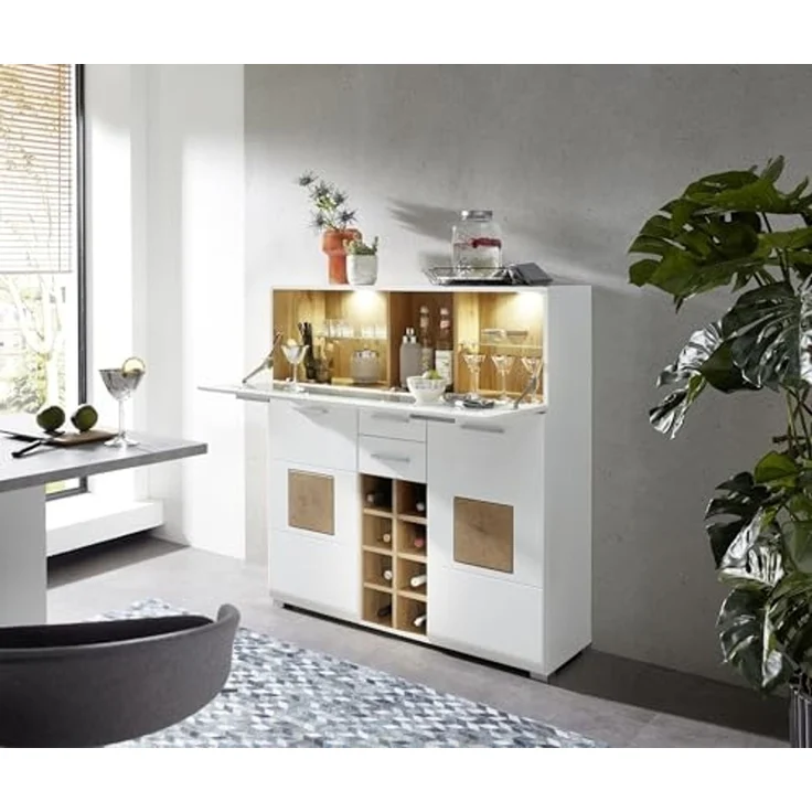 Barschrank >Fun Plus< in weiss matt / Eiche Dekor - 120x129x37 (BxHxT) – Bild 2