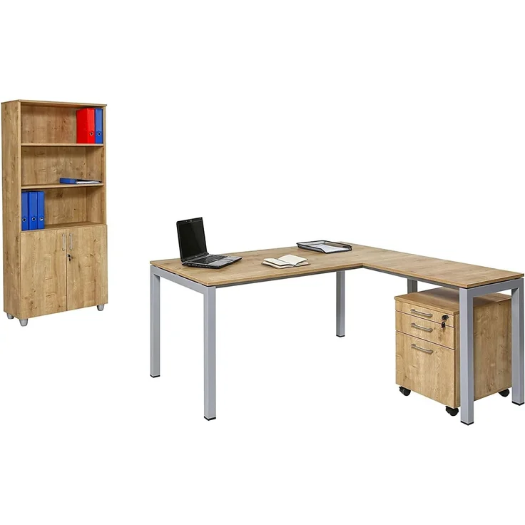 Schreibtisch Tetra, 160 cm, inkl. Anbau rechts o. links montierbar, Saphir Eiche Dekor/silber RAL 9006 inkl. Kabelkanal – Bild 8