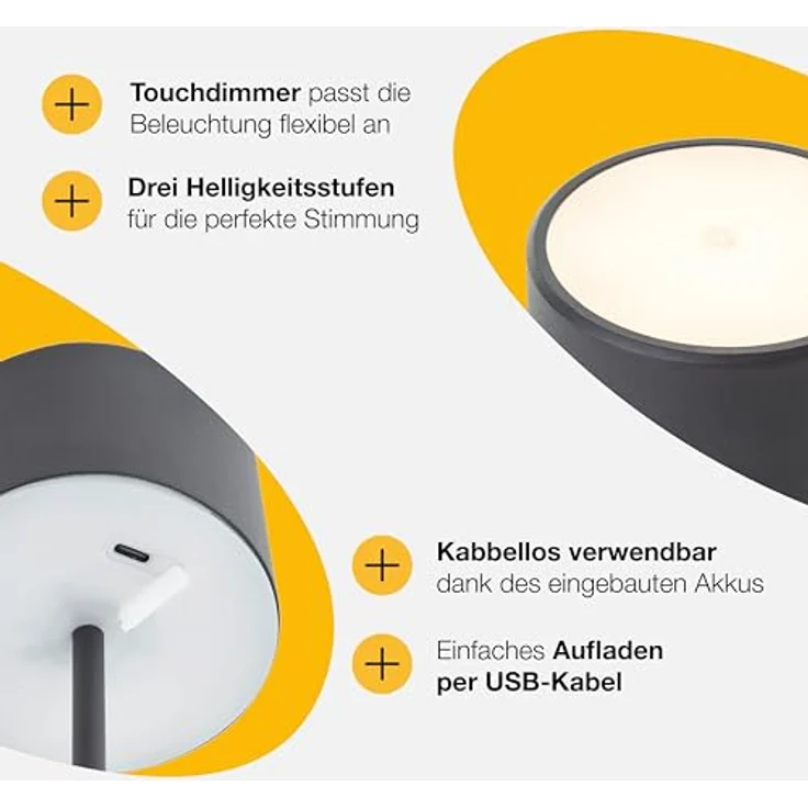 Brilliant LED Tischlampe schwarz Dimmbar & mit Akku Mobile Innenleuchte mit drei-Stufen-Touchdimmer Warmweißes Licht, stilvolles Design, energiesparend & flexibel einsetzbar - per USB aufladbar – Bild 6