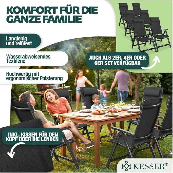 KESSER® Gartenstuhl Hochlehner mit Armlehnen | Aluminium Klappstuhl inkl. Kopfkissen Campingstuhl 7-Fach Verstellbar Rückenlehne | Atmungsaktiv & Wetterfest | Klappbar & Anti-Rutsch Schwarz, 6 Stück – Bild 2