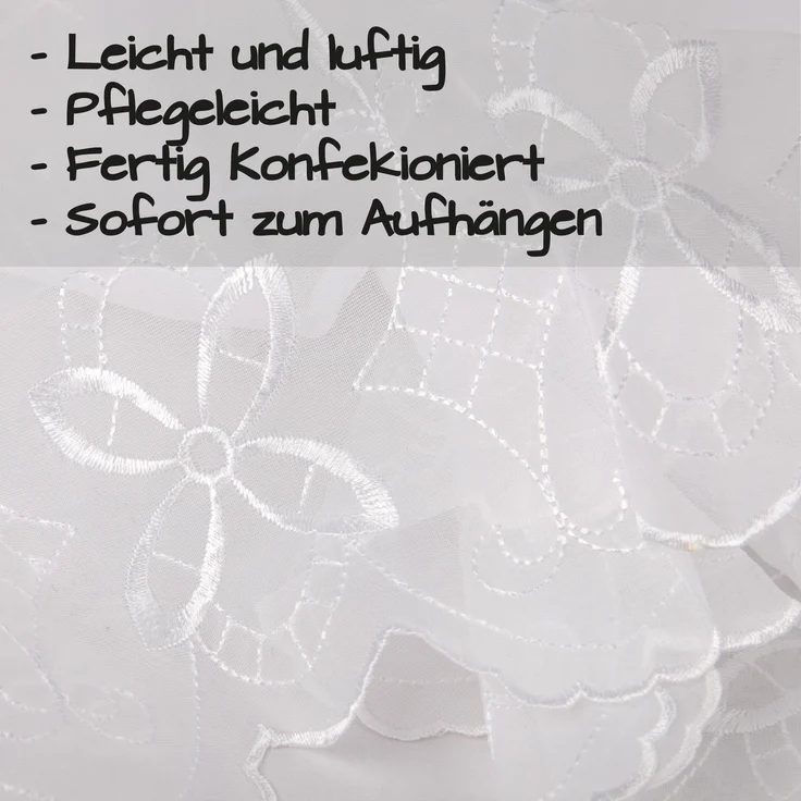 Bistrogardine ( Blumen Ornament ) mit Schlaufenaufhängung ( 45 x 155 cm ), transparente uni Scheibengardine, Vorhang, Kurzgardine, Voile Gardine – Bild 4